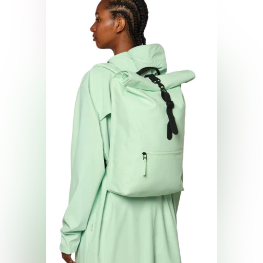 NWT Rains Rolltop Rucksack Zip-Detailed Backpack Mineral Color Waterproof - Picture 13 of 13
